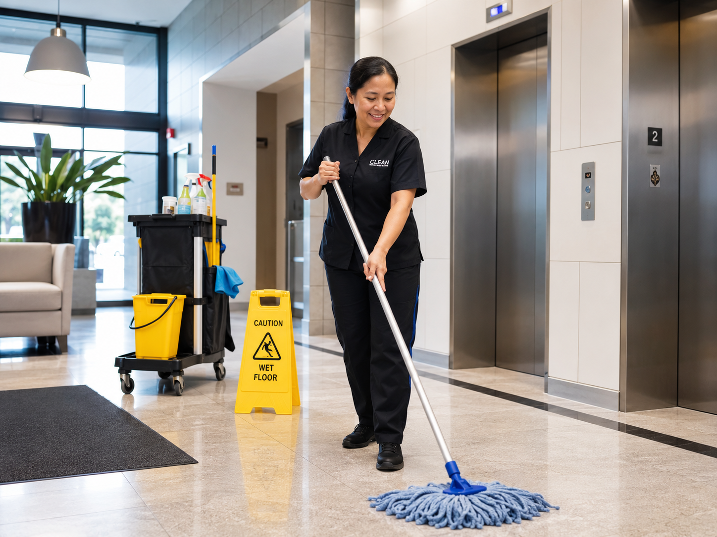 Professional cleaner maintaining a bright apartment lobby