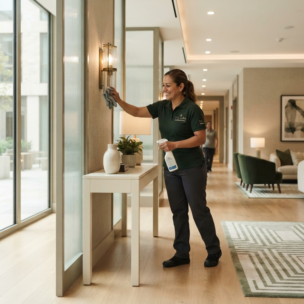 Staff member cleaning and maintaining a bright condo building lobby