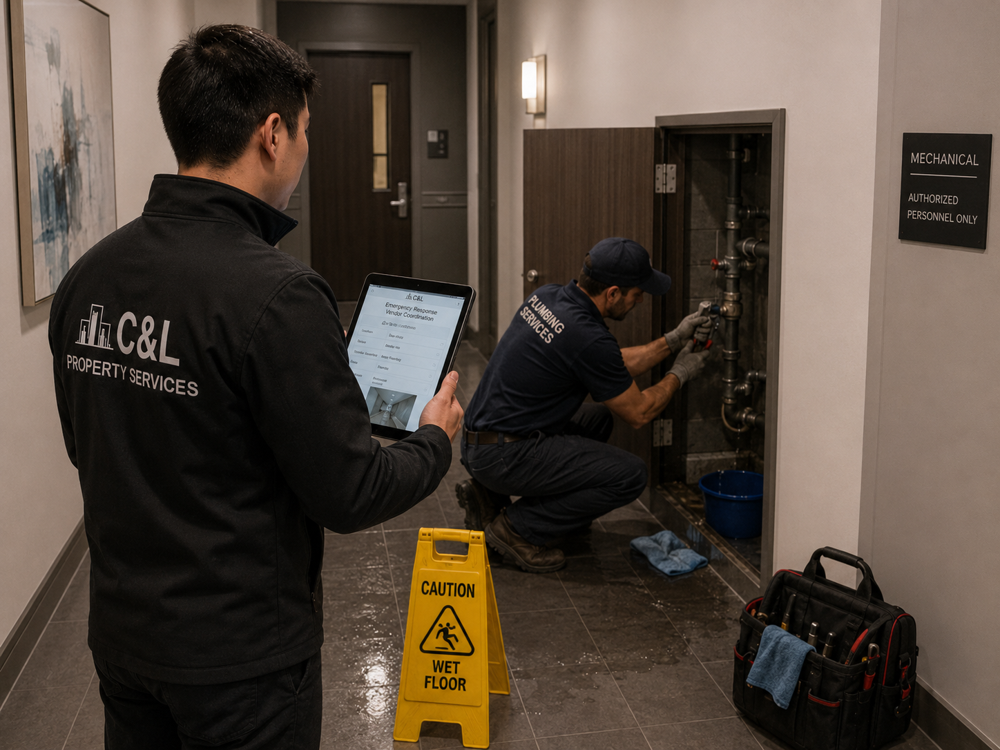 Property manager coordinating with a plumbing contractor repairing a leak in a mechanical closet