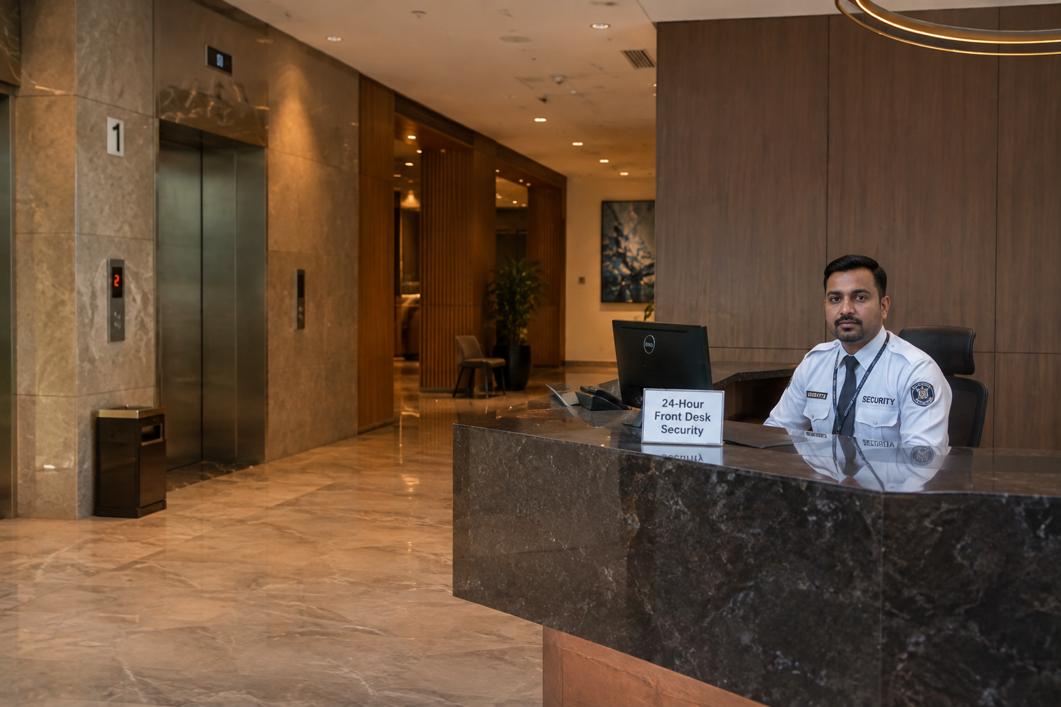 Front desk security professional monitoring a residential building entrance