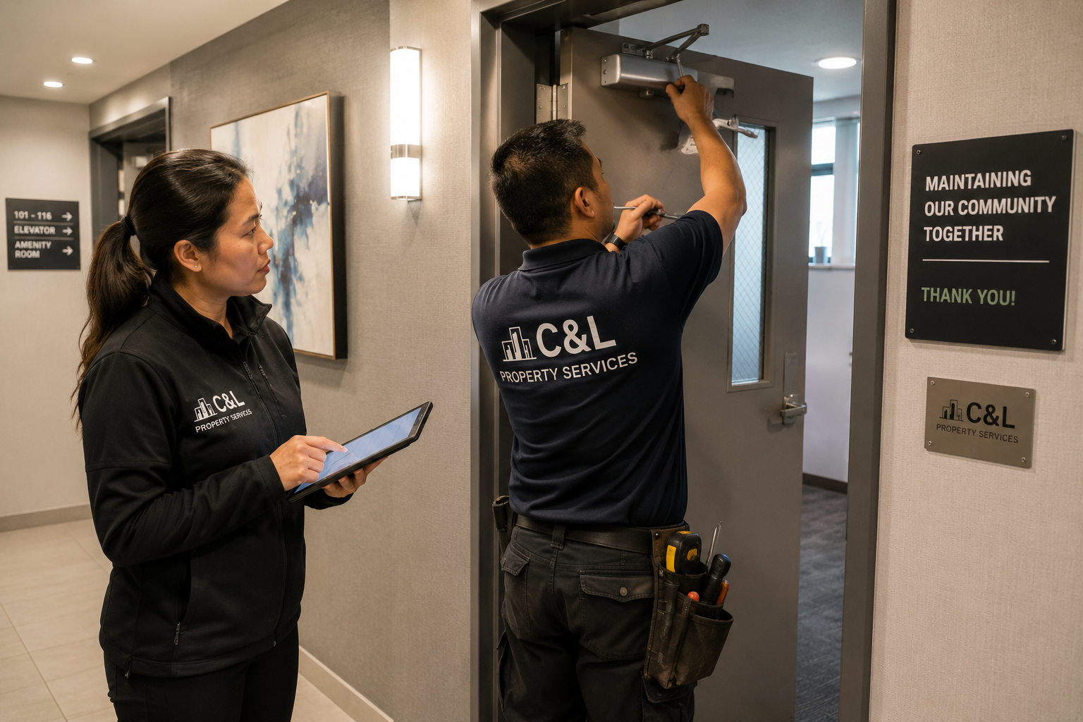 Property manager coordinating with a maintenance technician repairing a door closer