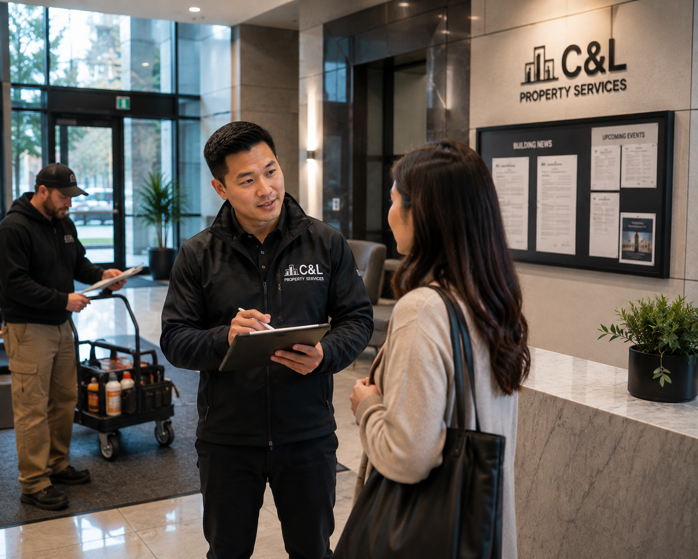 Onsite manager assisting a resident in a building lobby