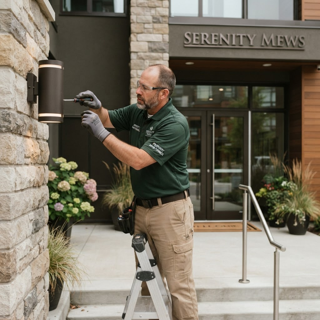 Property maintenance worker inspecting an exterior fixture outside a condo building