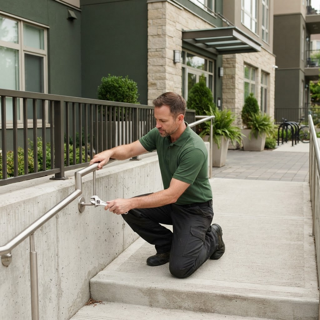Maintenance worker checking a handrail on an outdoor stairway
