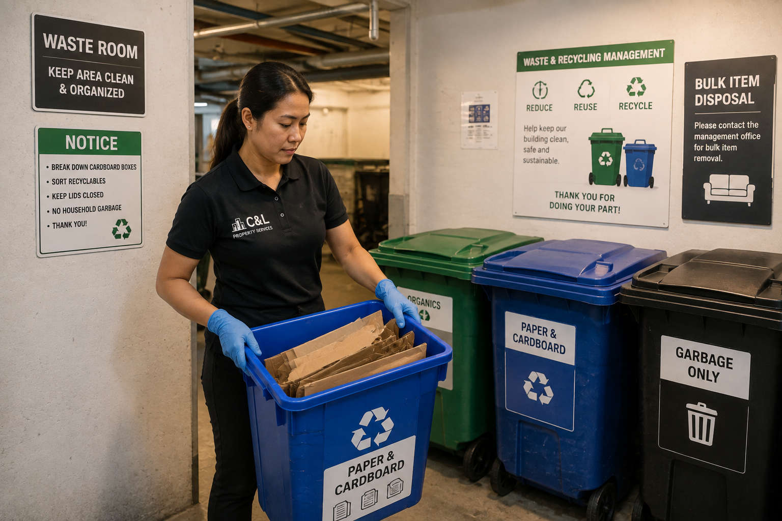 Staff member sorting recycling bins in an organized waste and recycling room