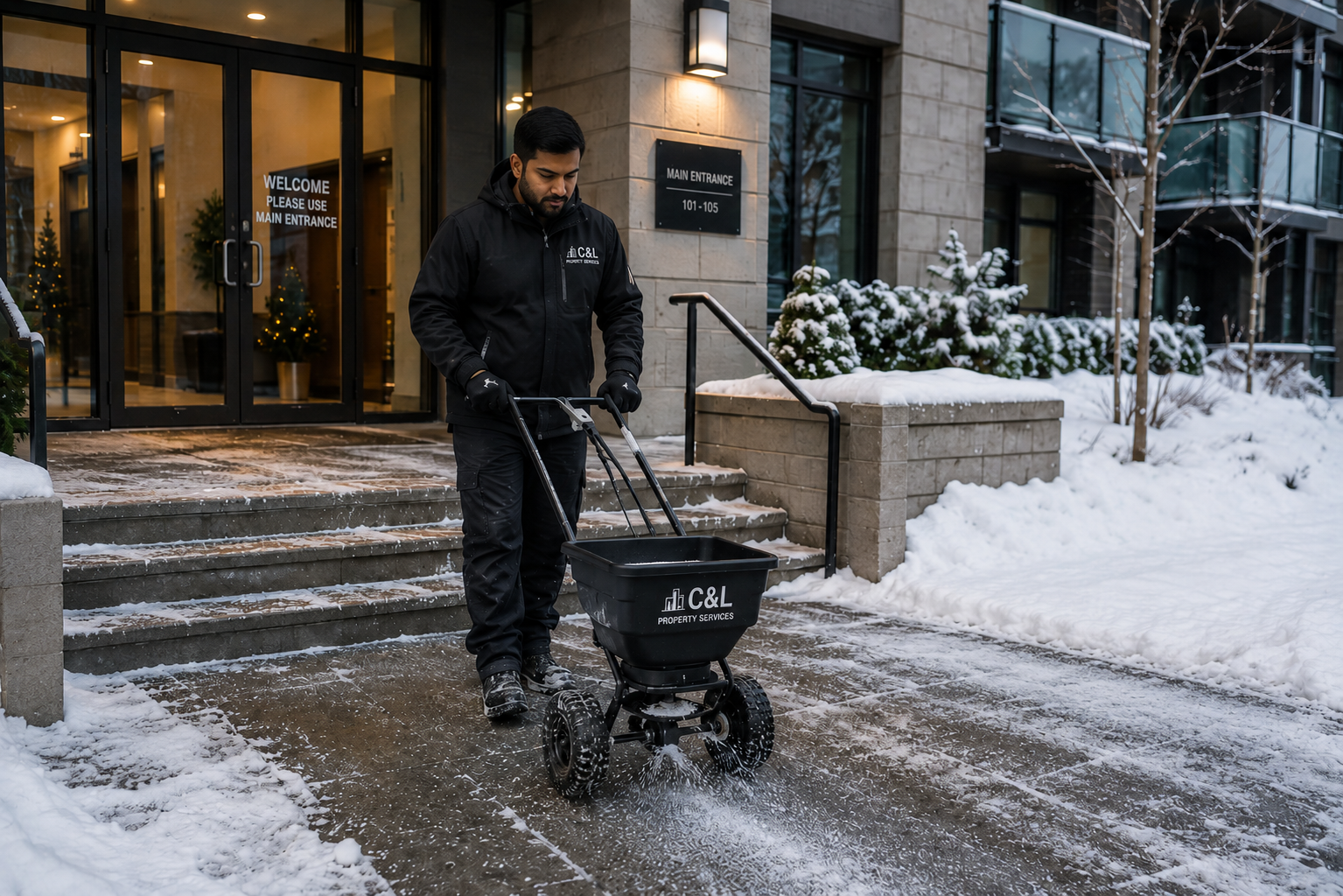 Staff member applying de-icing salt to a snow-covered walkway at a building entrance